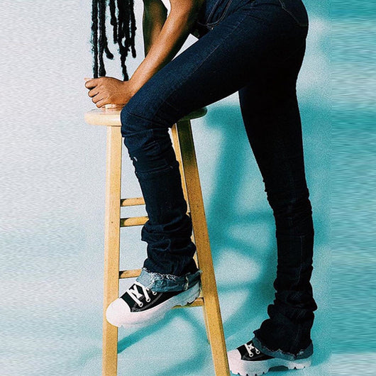 Pantalones Denim Azul Cintura Alta Fruncidos con Efecto Stacked - Image 5