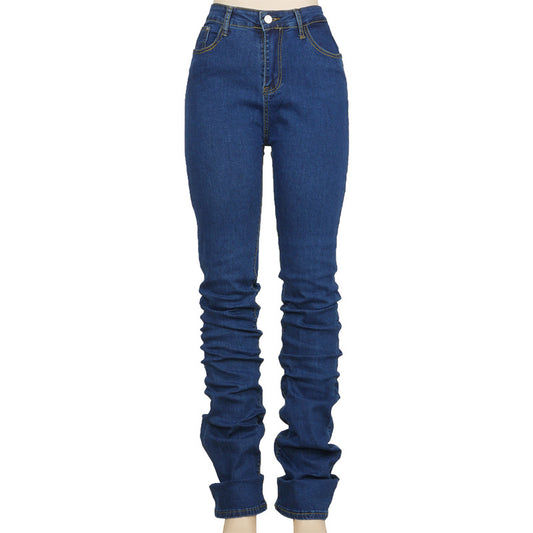 Pantalones Denim Azul Cintura Alta Fruncidos con Efecto Stacked