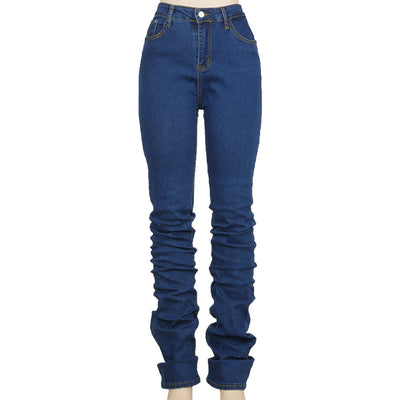 Pantalones Denim Azul Cintura Alta Fruncidos con Efecto Stacked