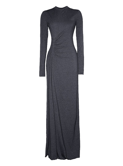 Vestido Largo Ajustado de Cintura Alta con Pliegues y Manga Larga - Image 8