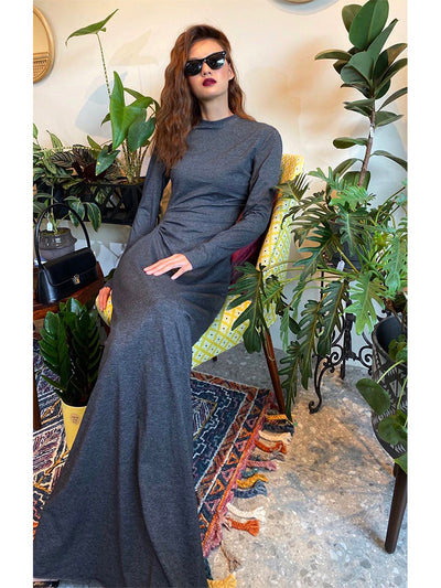Vestido Largo Ajustado de Cintura Alta con Pliegues y Manga Larga - Image 10