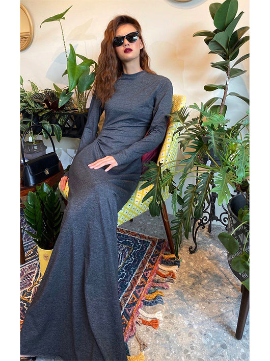 Vestido Largo Ajustado de Cintura Alta con Pliegues y Manga Larga - Image 10