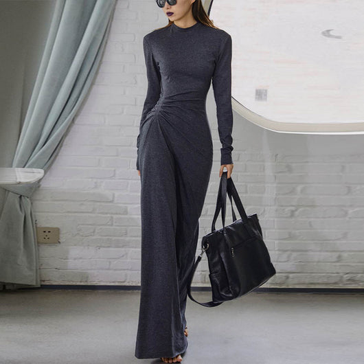 Vestido Largo Ajustado de Cintura Alta con Pliegues y Manga Larga