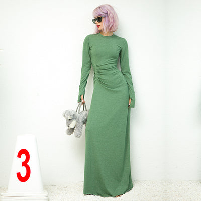 Vestido Largo Ajustado de Cintura Alta con Pliegues y Manga Larga - Image 3