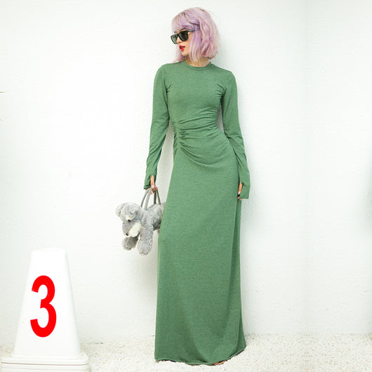 Vestido Largo Ajustado de Cintura Alta con Pliegues y Manga Larga - Image 3