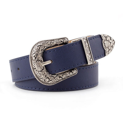 Black imitation leather women's belt with an ornate silver-tone square pin buckle and matching engraved tip. - Image 6