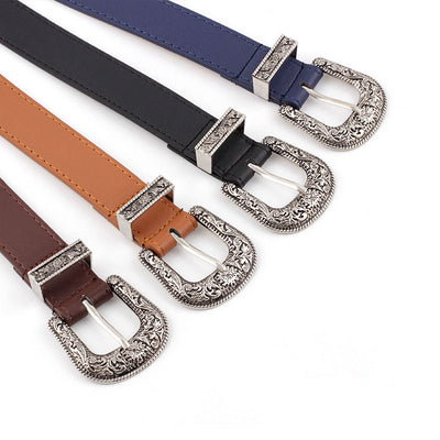 Black imitation leather women's belt with an ornate silver-tone square pin buckle and matching engraved tip. - Image 7