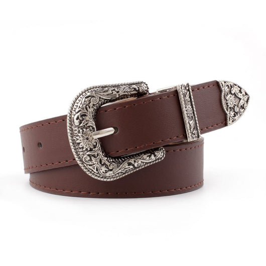 Black imitation leather women's belt with an ornate silver-tone square pin buckle and matching engraved tip. - Image 8