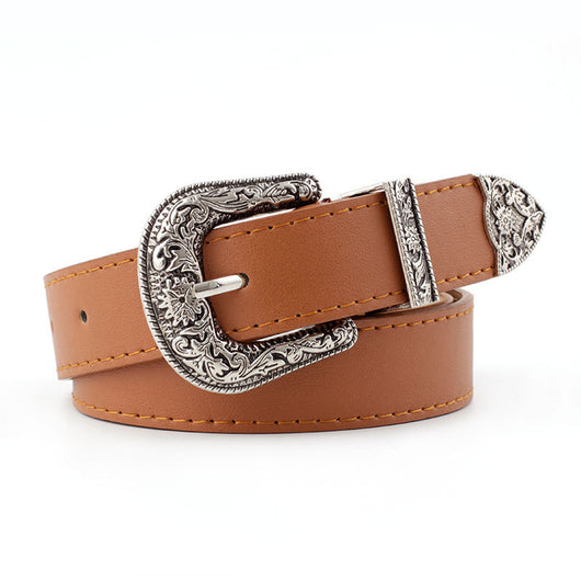 Black imitation leather women's belt with an ornate silver-tone square pin buckle and matching engraved tip. - Image 3