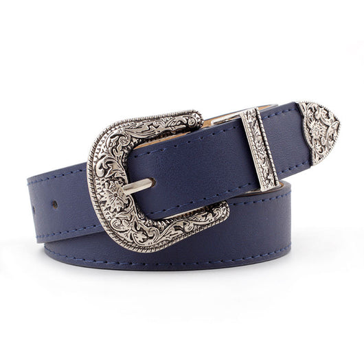 Black imitation leather women's belt with an ornate silver-tone square pin buckle and matching engraved tip. - Image 5