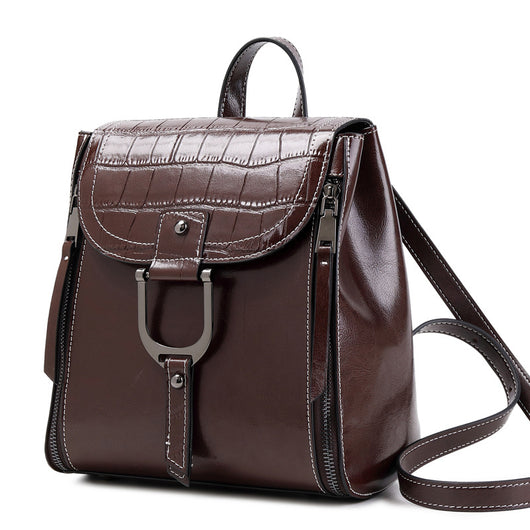 Mochila de Cuero Genuino para Mujer - Estilo Coreano con Hebilla y Acabado Encerado - Image 4
