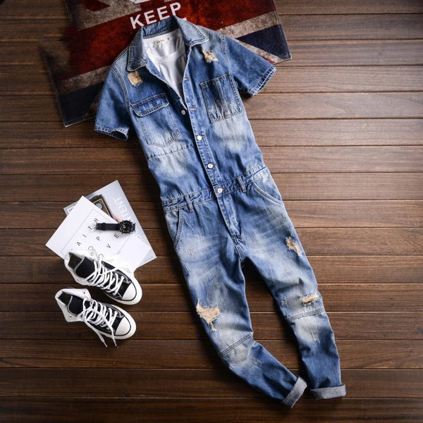Overol Vaquero Retro para Hombre con Detalles Rotos y Lavado Vintage