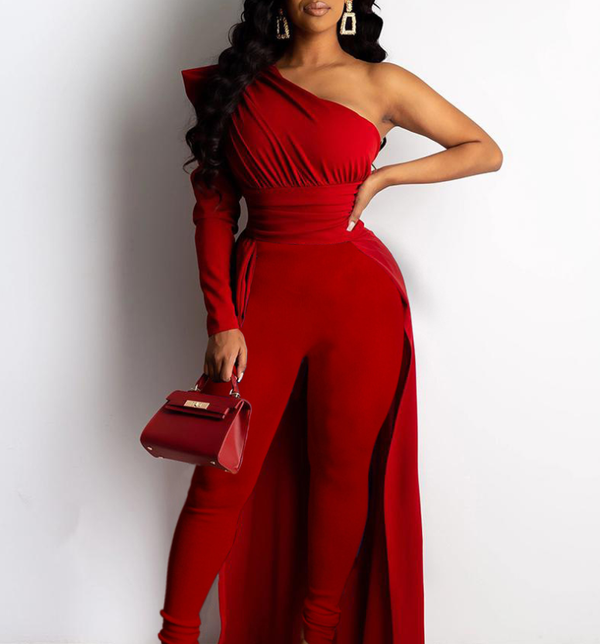 Jumpsuit Elegante Rojo Asimétrico con Mangas Abullonadas