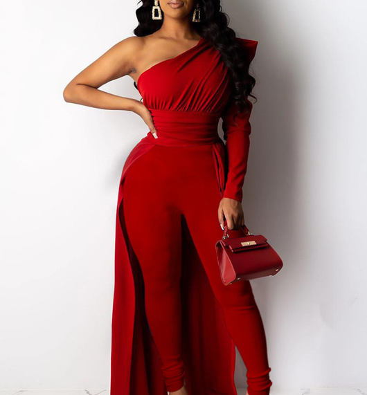 Jumpsuit Elegante Rojo Asimétrico con Mangas Abullonadas - Image 3