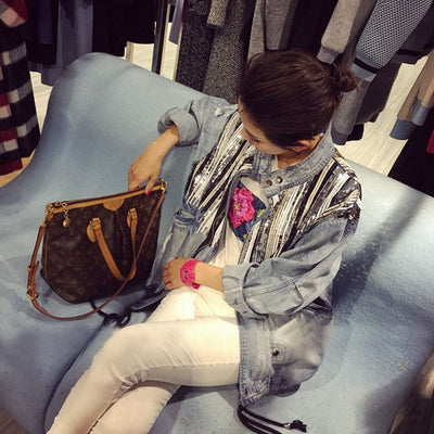 Chaqueta Denim con Lentejuelas Estilo Coreano para Mujer - Diseño Casual y Moderno