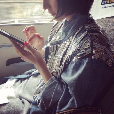 Chaqueta Denim con Lentejuelas Estilo Coreano para Mujer - Diseño Casual y Moderno - Image 8