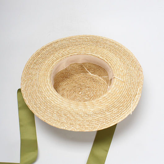 Sombrero de Paja Plano con Moño Verde - Protección Solar Elegante - Image 7