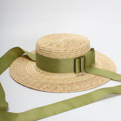 Sombrero de Paja Plano con Moño Verde - Protección Solar Elegante - Image 10