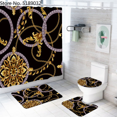 Juego de 4 Piezas de Baño Estilo Retro: Cortina de Ducha, Tapete Antideslizante y Cubiertas de Inodoro Impermeables - Image 3