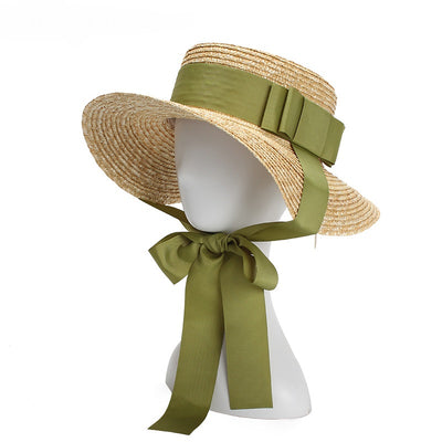 Sombrero de Paja Plano con Moño Verde - Protección Solar Elegante