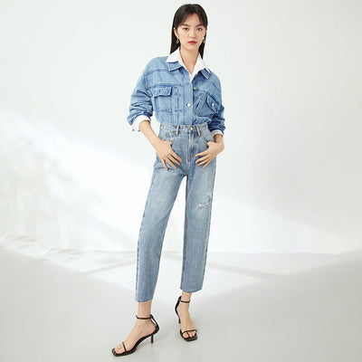 Pantalones Jeans Rectos Cintura Alta Efecto Adelgazante Azul Claro con Rotos - Image 11