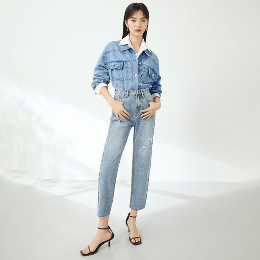 Pantalones Jeans Rectos Cintura Alta Efecto Adelgazante Azul Claro con Rotos - Image 11
