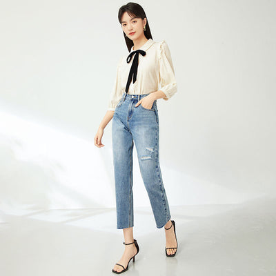 Pantalones Jeans Rectos Cintura Alta Efecto Adelgazante Azul Claro con Rotos - Image 8