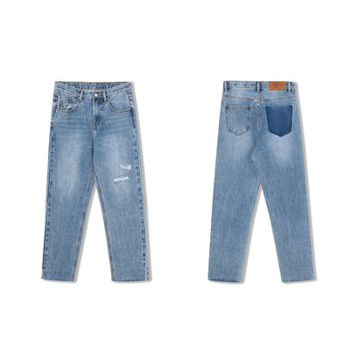 Pantalones Jeans Rectos Cintura Alta Efecto Adelgazante Azul Claro con Rotos - Image 10