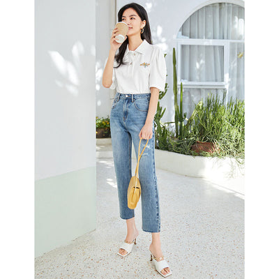Pantalones Jeans Rectos Cintura Alta Efecto Adelgazante Azul Claro con Rotos - Image 4