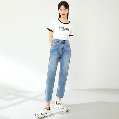 Pantalones Jeans Rectos Cintura Alta Efecto Adelgazante Azul Claro con Rotos - Image 2