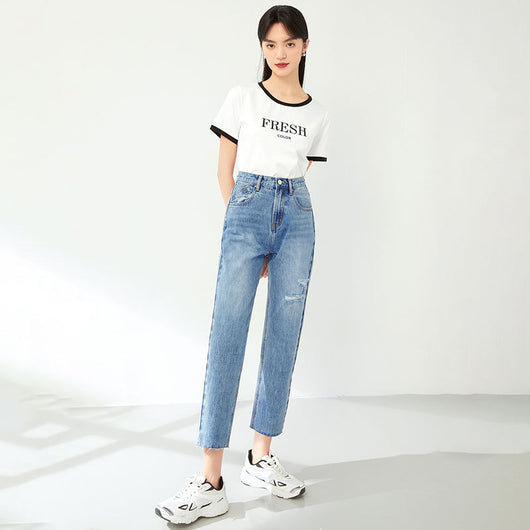 Pantalones Jeans Rectos Cintura Alta Efecto Adelgazante Azul Claro con Rotos - Image 2