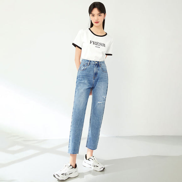 Calça Jeans Reta Cintura Alta Efeito Emagrecedor Azul Claro com Puídos