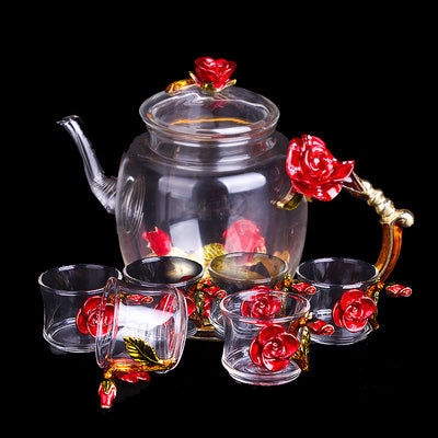 Juego de Té Kung Fu en Cristal Resistente al Calor con Flores Esmaltadas