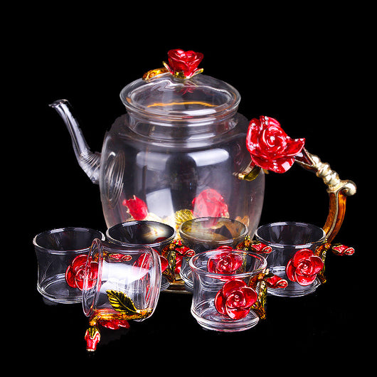 Juego de Té Kung Fu en Cristal Resistente al Calor con Flores Esmaltadas