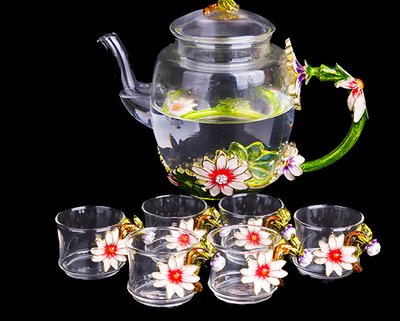 Juego de Té Kung Fu en Cristal Resistente al Calor con Flores Esmaltadas - Image 3