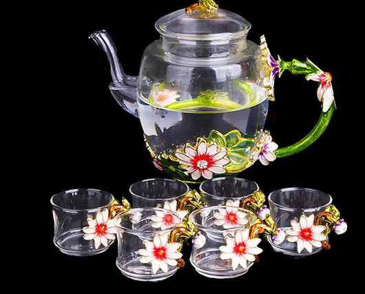 Juego de Té Kung Fu en Cristal Resistente al Calor con Flores Esmaltadas - Image 3