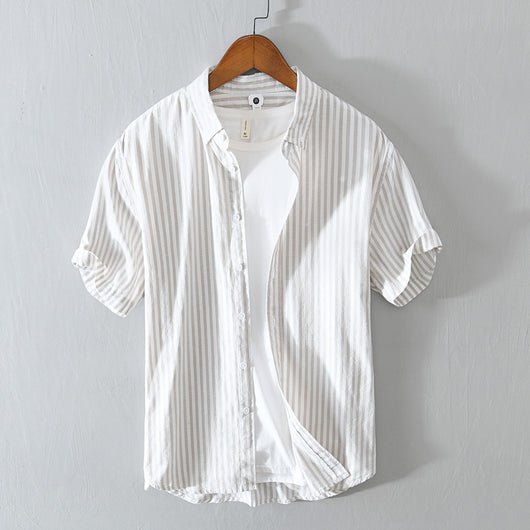 Camisa Cardigan de Algodón sin Planchado - Manga Corta Casual Urbano Talla Grande Hombre