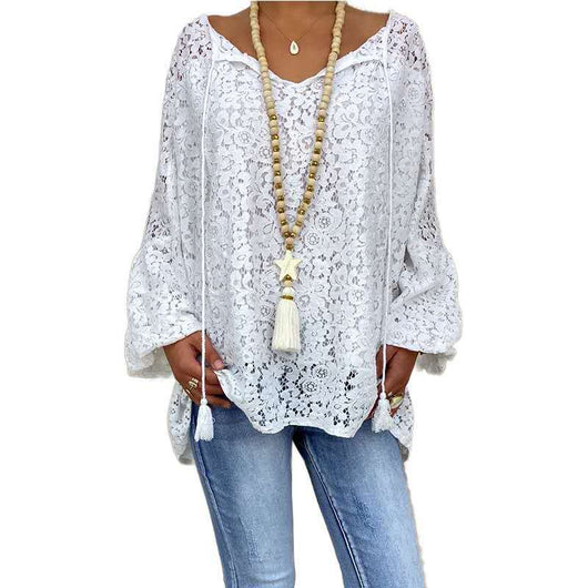 Blusa Blanca de Encaje Calado Cuello V Suelta Manga Larga Versátil - Image 12