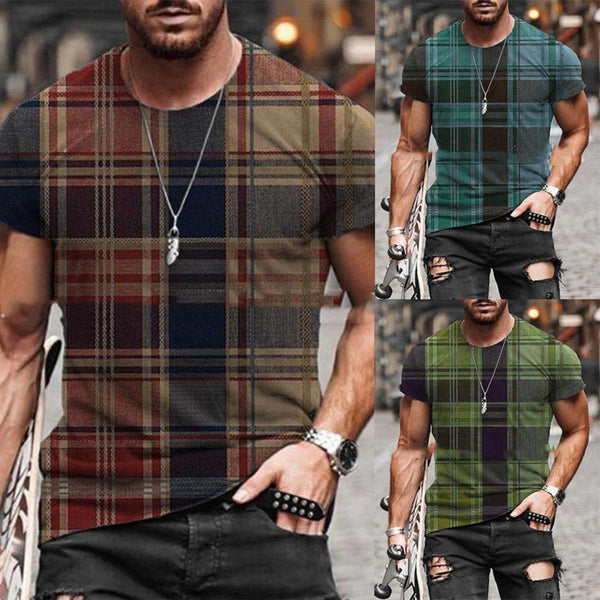 Camiseta Hombre Manga Corta Cuadros Contraste Costura Decorativa