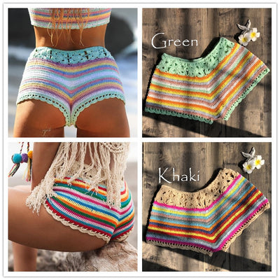 Short de Bikini Tejido a Crochet con Rayas Multicolor