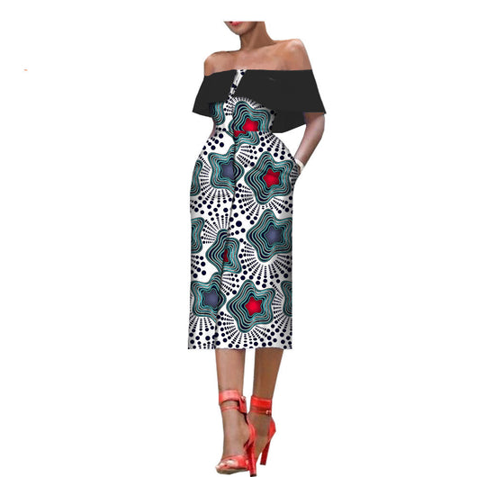 Vestido Largo Asimétrico con Estampado y Hombro Descubierto - Image 3