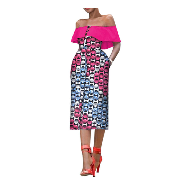 Vestido Largo Asimétrico con Estampado y Hombro Descubierto