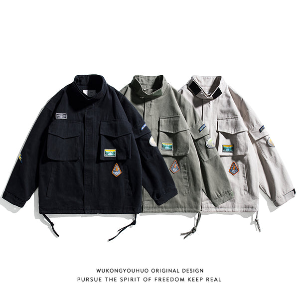 Chaqueta Cargo Retro Japonesa Wukong - Estilo Urbano Oversized con Múltiples Bolsillos