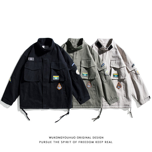 Chaqueta Cargo Retro Japonesa Wukong - Estilo Urbano Oversized con Múltiples Bolsillos