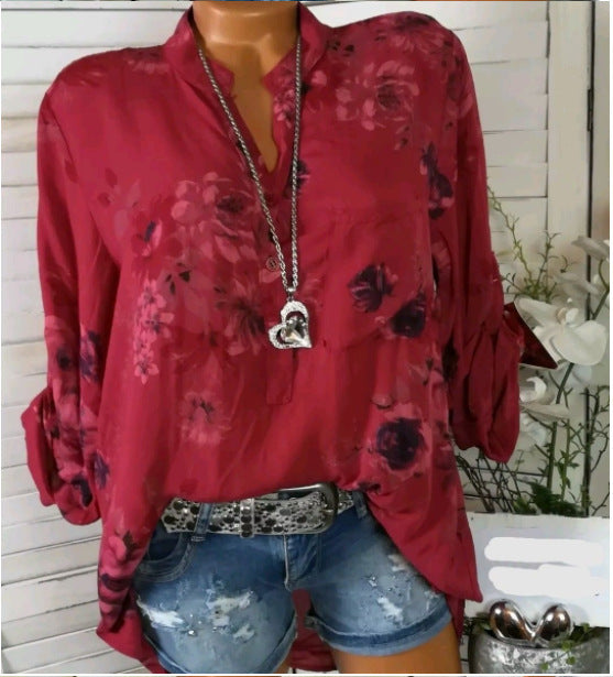 Camisa Estampada V-neck de Manga Larga