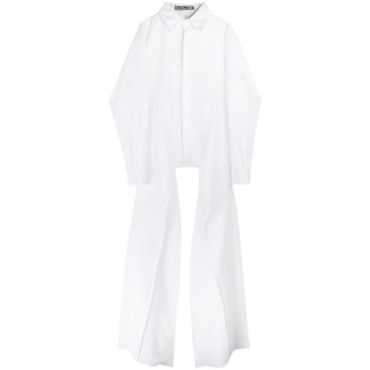 Blusa Blanca con Volantes Irregulares y Cuello Solapa - Manga Larga Suelta