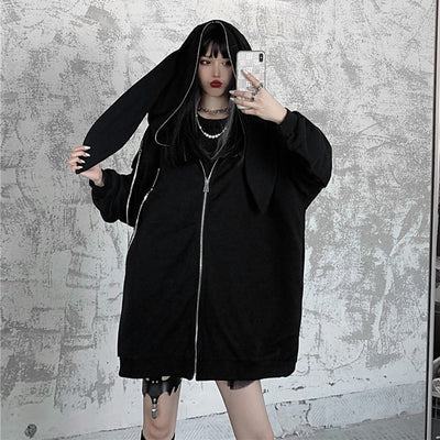 Sudadera con Capucha Orejas de Conejo Mujer Primavera Otoño Negra - Image 9