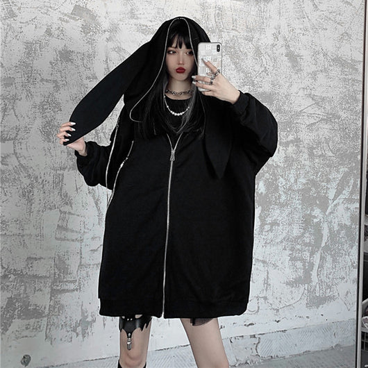 Sudadera con Capucha Orejas de Conejo Mujer Primavera Otoño Negra - Image 9