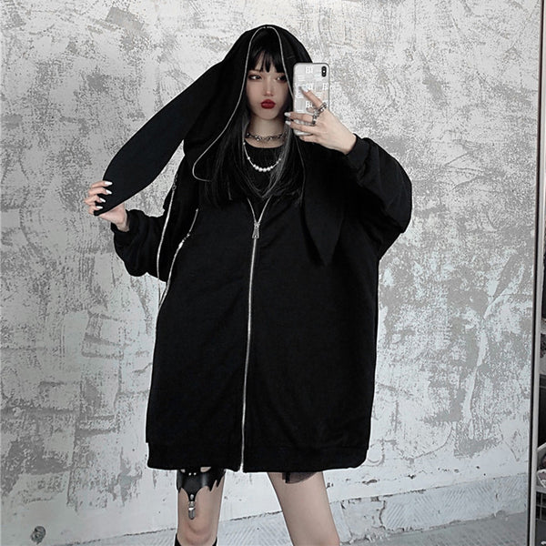 Sudadera con Capucha Orejas de Conejo Mujer Primavera Otoño Negra