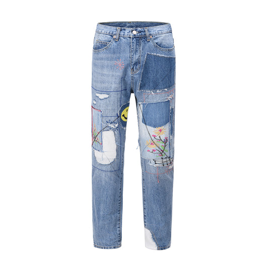 Jeans Rectos Vintage con Parches Florales Desgarrados y Bordado Sonrisa - Image 2